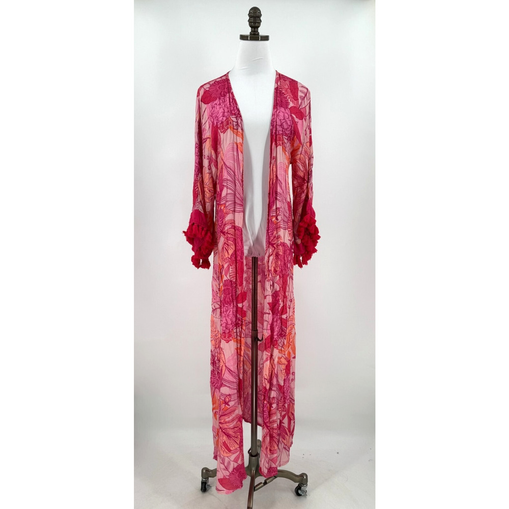 Lovewave Pink Floral Pom Pom Sleeve Hallie Long Cover Up Sz XXS